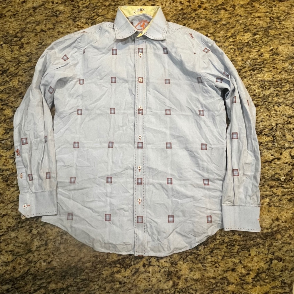 Bugatchi‎ Uomo Mens Large Blue Geometric Square Shaped Fit Button Down Shirt L